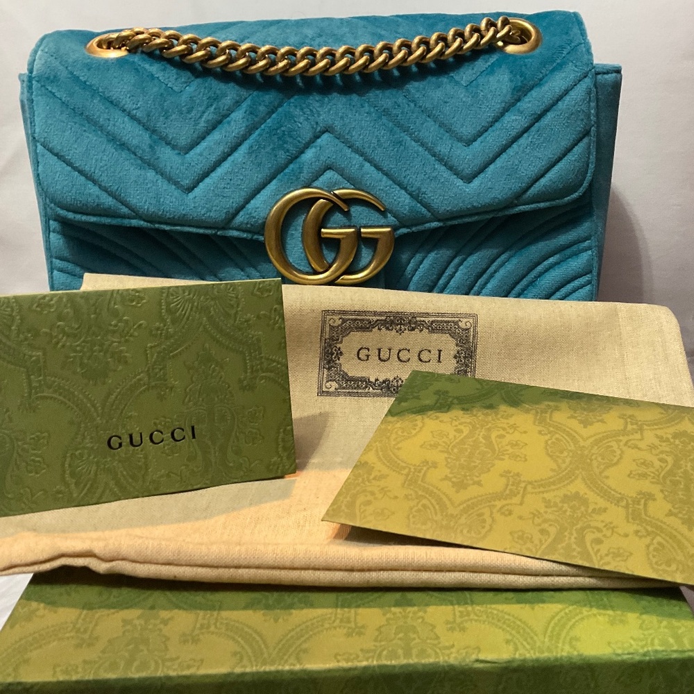 Authentic GUCCI Blue Velvet GG Marmont Shoulder Bag - Picture 11 of 11